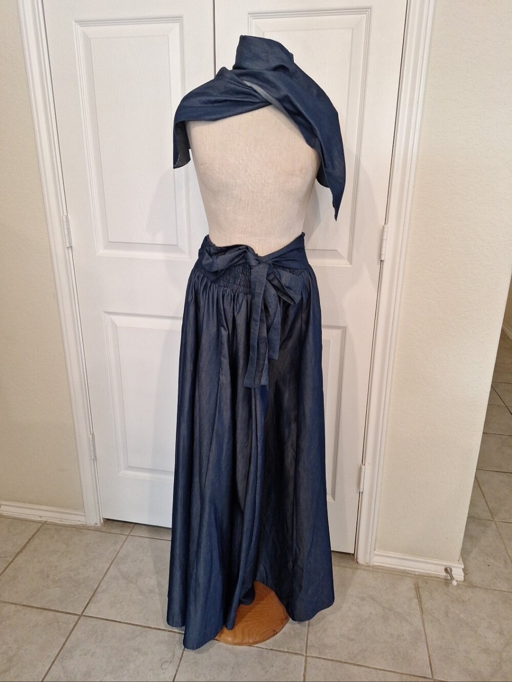 Denim Blue Jean Maxi Skirt in Navy Blue Elastic Waistband with 2 Tie Waist